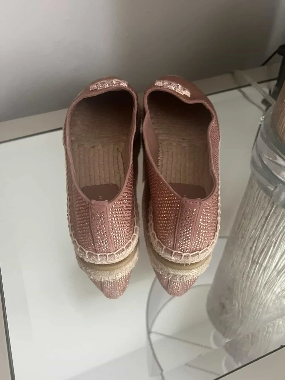 Tory Burch Rose Gold Crystal Logo Espadrille Flats